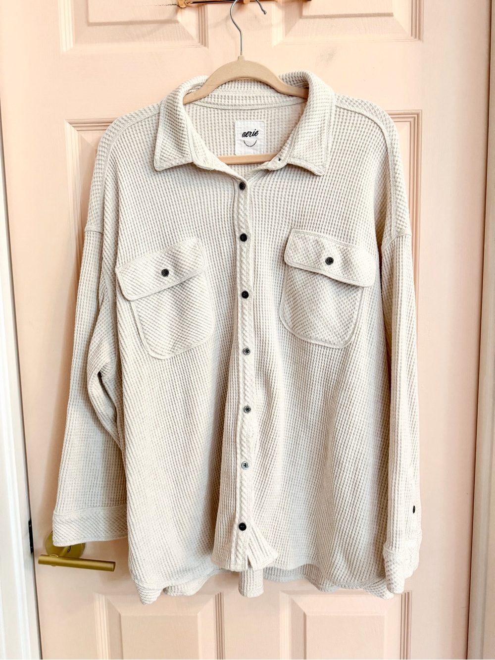 Cream waffle knit aerie button up